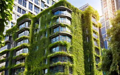 Fototapeta na wymiar High-rise building covered in plants to reduce the temperature
