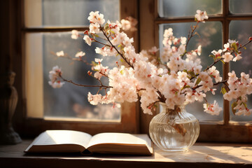 Cozy warm spring composition with open book, cozy blanket and blossoming cherry branches in vase on sunny spring day. Spring home decor. Easter.