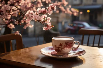 Fotobehang Cup of coffee on a table of outdoor cafe on sunny spring day in typical European town. Having a cup of hot beverage in the morning. © MNStudio