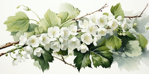watercolor apple or sakura flowers branch on white. AI Generated