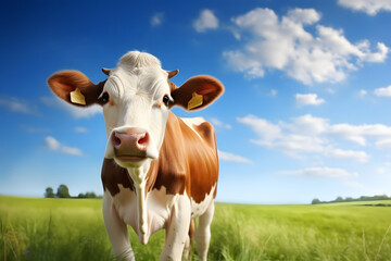 Cow on green grass and blue sky. Animal background.