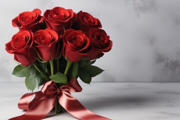 A bouquet of red roses with a satin ribbon bow on a light background. Holiday banner, card
