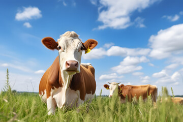 Cow on green grass and blue sky. Animal background.