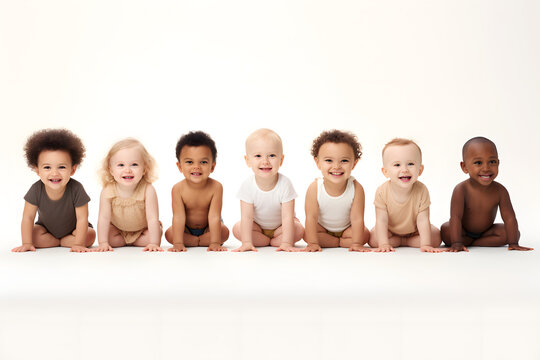 Group of different multiracial children on white background.