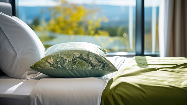 bed with bright green nature theme pillows in modern hotel room interior with window with view of green plants in background created with Generative AI Technology