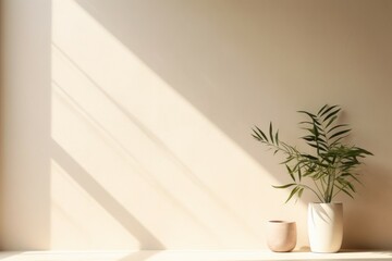 Minimalistic abstract gentle light beige background for product presentation with light andand intricate shadow from the window and vegetation on wall.