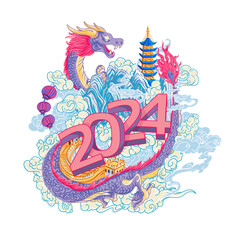 New Year card template for 2024 year of the dragon. is a design resource suitable for creating holiday illustrations, greeting cards and banners.