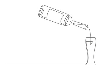 Wine bottle and glass continuous one line drawing. Isolated on white background vector illustration. Pro vector. 