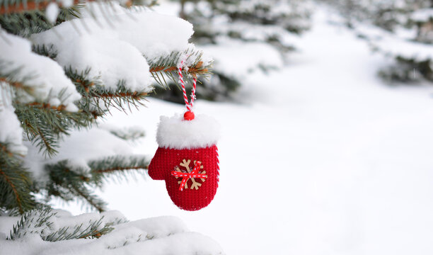 red mitten toy hanging on the spruce branch in the winter forest copy space 