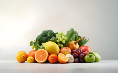 Assorted organic vegetables and fruits on the studio floor isolated on white background