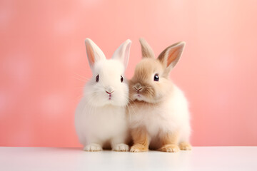 Obraz premium Cute couple bunny rabbit posing in love on pastel background. Happy Valentine's day.