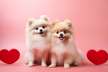 Fototapeta na wymiar Cute couple dog posing in love on pastel background. Happy Valentine's day.