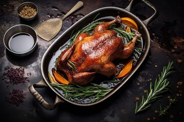 Fototapeta premium Holiday feast. Delicious christmas roast chicken with festive decorations. Traditional xmas dinner. Homemade roast turkey on rustic wooden table