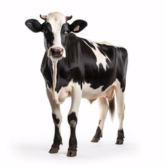 Fototapeta premium A black-and-white, full-length, upright cow stands alone on a plain backdrop.