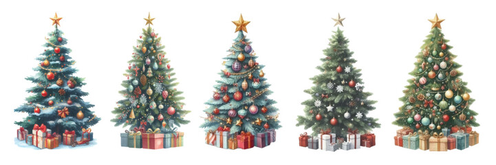 クリスマスツリーの水彩イラストの素材セット - obrazy, fototapety, plakaty
