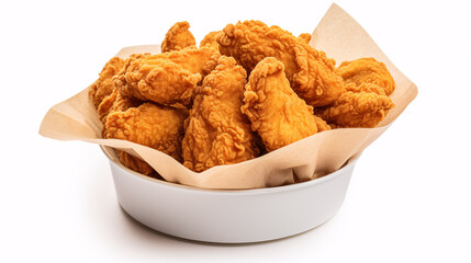 A isolated paper bucket of fried chicken sits on a whitish background...A container of fried chicken perches atop a whitish backdrop.