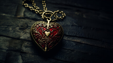 A detailed close-up of an intricately designed heart-shaped locket, suspended from a chain and placed on a dark wooden surface
