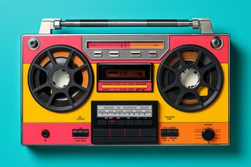 Retro radio recorder from 70s front turquoise background. Old instagram style filtered photo