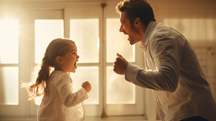 Father has a fight with his child daughter. Domestic violence, misunderstanding, child crisis, quarrel with child. A grown man fighting with his daughter.