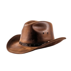 Side view of brown cowboy hat made of leather isolated on a cutout PNG transparent background