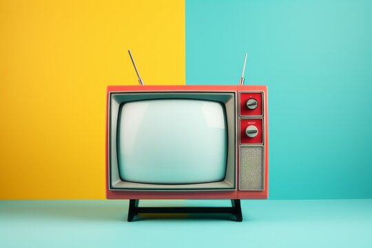 Retro old TV set receiver on mint green and yellow wall background. Vintage instagram style filtered photo