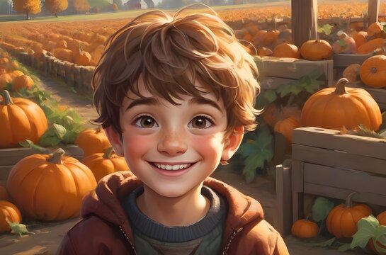 Close-up of a happy boy at the autumn festival at the pumpkin farm. Generative AI