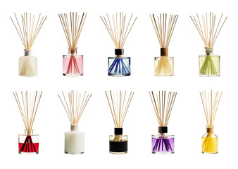 Diffuser set - Reed diffusers - Aromatherapy - essencial oil - pen tool premium cutout Transparent PNG - Various color and designs - Mockup - obrazy, fototapety, plakaty