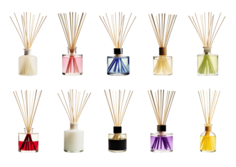 Diffuser set - Reed diffusers - Aromatherapy - essencial oil - pen tool premium cutout Transparent PNG - Various color and designs - Mockup