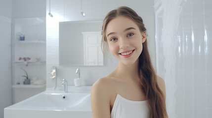 Young beautiful girl with perfect facial skin smiling in bathroom background. Morning skin cleansing, care cosmetics for teenage skin, copy space.