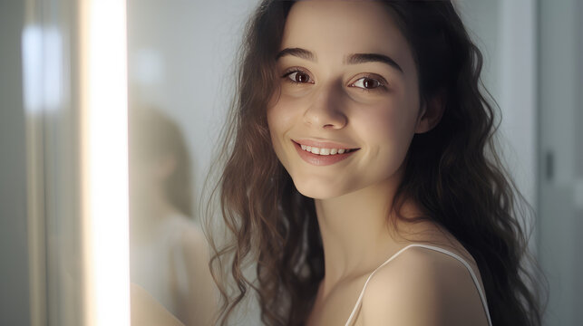 Young beautiful girl with perfect facial skin smiling in bathroom background. Morning skin cleansing, care cosmetics for teenage skin.