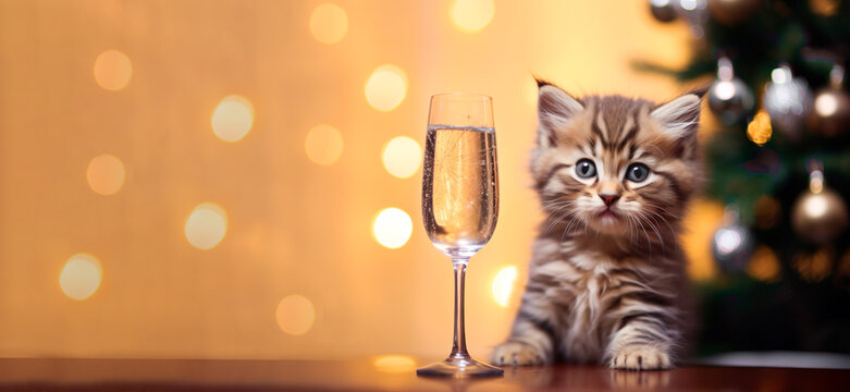 kitten with glass of champagne wishes Happy New Year. Banner. Greeting card with inscription - Powered by Adobe