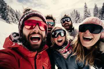 Group of cheerful friends take a selfie on a mountain during an idyllic winter day