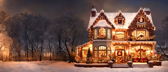 Fototapeta na wymiar Fairytale Christmas house in winter forest at night, festive web banner with copy space for text