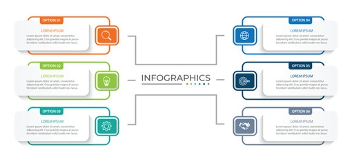 Vector infographic label design concept with square layout and marketing icons with 6 steps or options.