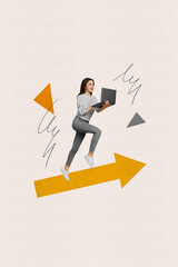 Vertical creative composite artwork photo collage of positive woman hold laptop run on rising arrow...