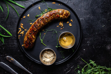 Grilled sausage on a dark plate with sauce