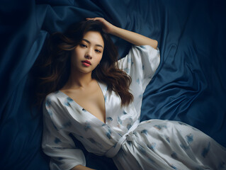 Beautiful female lying on the bed at night, beautiful model face looks sexy in camera, top view, a young woman in pajamas