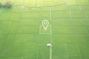 Land plot in aerial view. Identify registration symbol of vacant area for map. Real estate or property for business of home, house or residential i.e. development, sale, buy, purchase or investment.