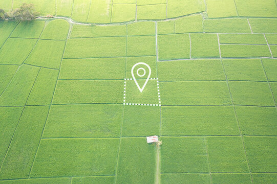 Land plot in aerial view. Identify registration symbol of vacant area for map. Real estate or property for business of home, house or residential i.e. development, sale, buy, purchase or investment.