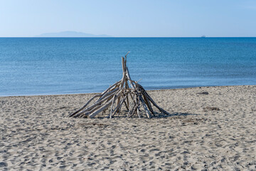 stack of dry branches on sandy beach, Marina di Alberese, Italy
