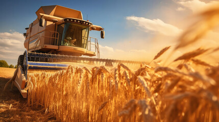 Harvester harvesting ripe grain in farmer's field