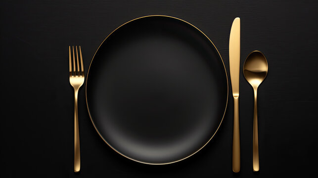 top view empty black plate with gold fork and gold spoon on a black background