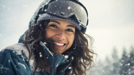 Fototapeta na wymiar Winter joy: Smiling woman with snowflakes in her hair, wearing ski helmet.