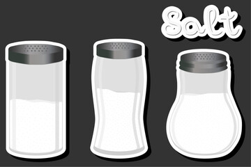 Illustration on theme big set different types ware filled salt for organic cooking