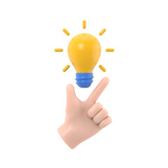 Pointing finger up on bulb as a symbol big idea. Having new creative idea. Problem solution metaphor.3d illustration flat design. Thinking processes. Hand gesture Like.Supports PNG files with transpar