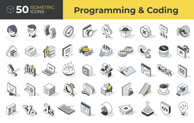 Programming and coding. Set of isometric icons. Represents wide range of information technology concepts with an focus on writing code, using programming languages, testing and developing software