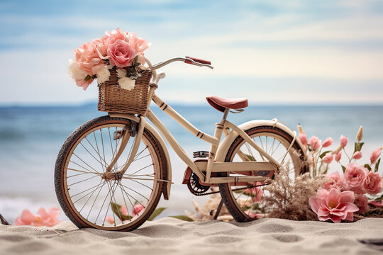 vintage bike on the beach with flowers. pastel tone