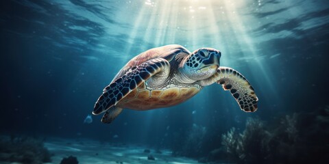 Obraz premium Sea turtle multicolored deep underwater is sunny rays. Ocean life, wildlife. Conservation species and population