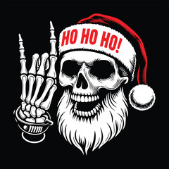 Funny Skull with Santa Claus hand rock horn gesture. Ho Ho Ho - obrazy, fototapety, plakaty