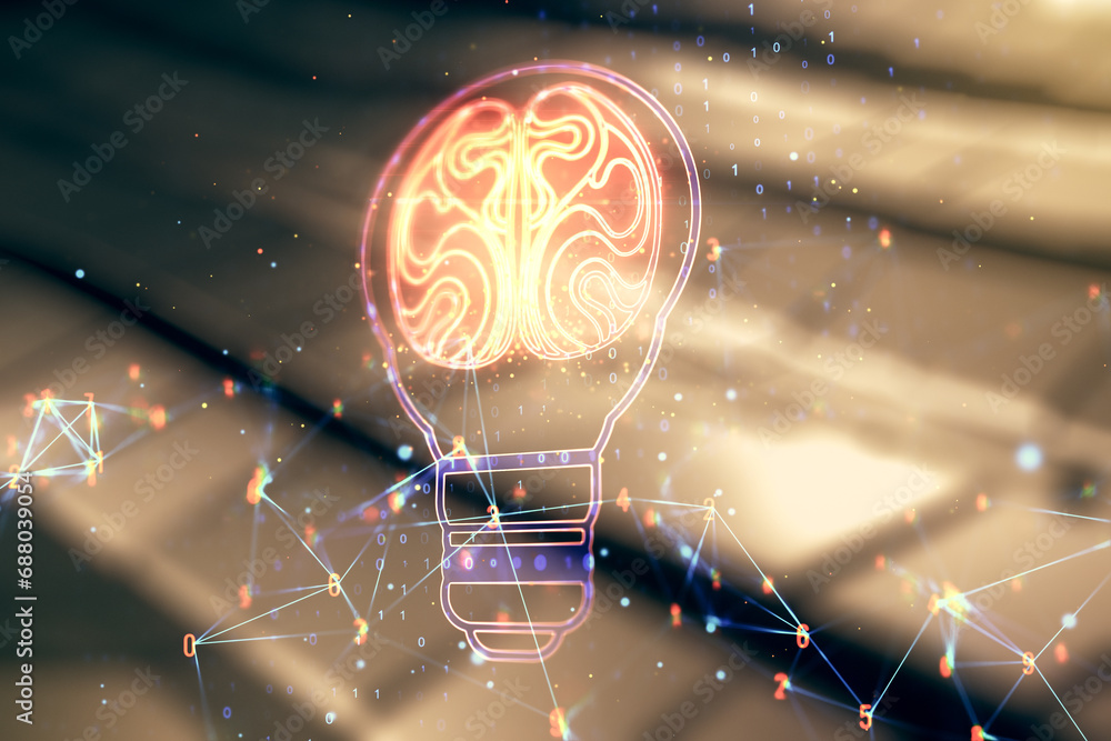 Poster double exposure of abstract virtual creative light bulb hologram with human brain on blurry metal ba